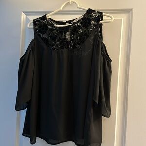Flowy black cold shoulder blouse with velvet embroidered neckline